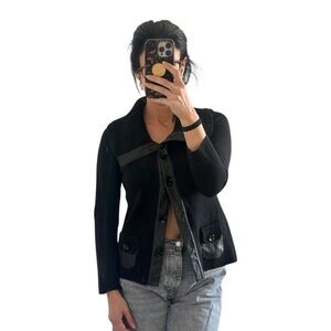 Classiques Entier Merino Wool Leather Trim Knit Cardigan Black Women’s Small